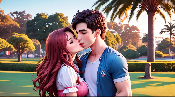 Um garoto e uma garota se beijando na boca de amor sentados num parque