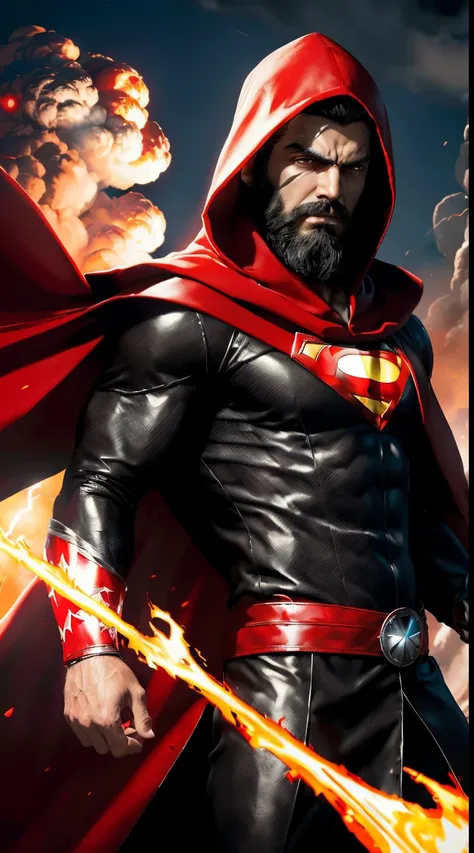 ((masterpiece)), ((8k resolution)), a man, medium black hair, medium black beard, white superhero costume ((no hood, no mask)) with the red glowing letter K on his chest, with red cape, flying in sky, angry, near volcanoes