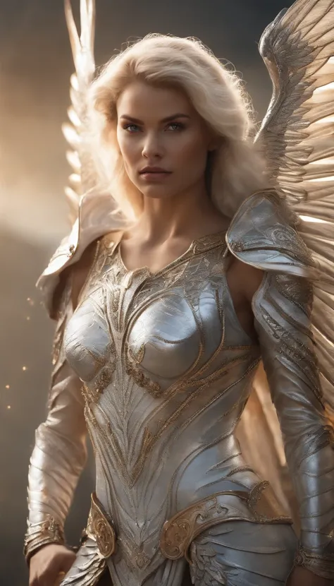 Generate a hyper-realistic AI influencer image featuring a stunning blond woman dressed in an alluring silver outfit. She is depicted standing atop a majestic mountain, embodying the presence of a mystical valkyrie or angel adorned in exquisite silver armo...