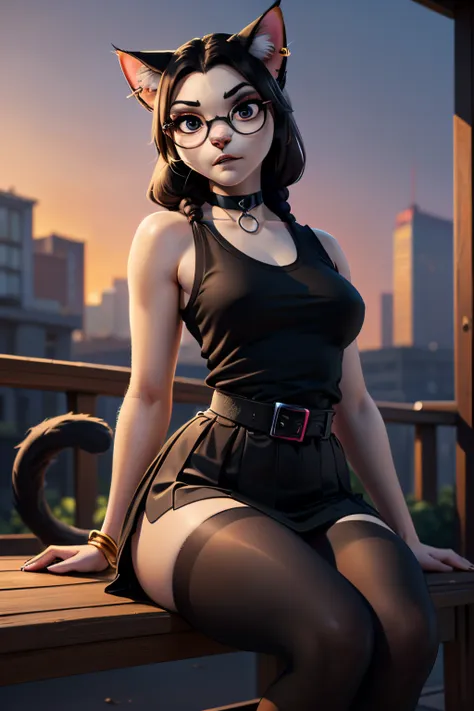 ((ultra quality)), ((tmasterpiece)), girl-khajiit, goth, wears round glasses, anthro cat, furry, ((black long hair tied in a bra...