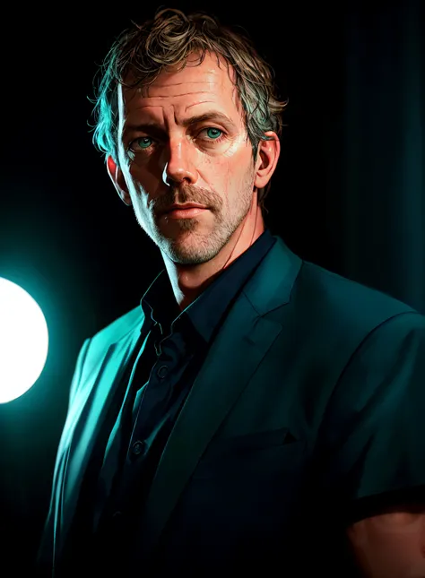 portrait of a award winning photo of hugh laurie posing in a dark studio, (rim lighting,:1.4) two tone lighting, sharp focus, teal hue, octane, unreal, dimly lit, low key,