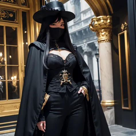 ((top-quality、masutepiece、8K、Top image quality、Very complex and detailed details))、((one female phantom thief、Black top hat、black venetian mask、black cloak、19th century European black jacket and pants、Full black clothes、Black jacket、Black pants、perfect ven...