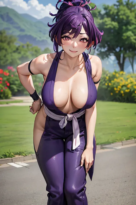 best quality, masterpiece, (leaning over:1.4), 
1girl, yuzuriha_(jigokuraku), purple hair, brown eyes, ninja, open clothes, cleavage, small breasts, topknot, medium hair, breasts apart, seductive smile, pants, undressing,  (blush:1.1),  japanese exterior, ...