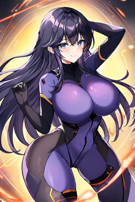 1girl, black hair, large breasts, breasts, thick thighs, wide hips, blue eyes, bodysuit, black bodysuit, long hair, light smile, happy, science-fiction, tech, futuristic, purple clothes, machinery, anime style, 2d, anime screencap, leotard, thigh strap, ar...