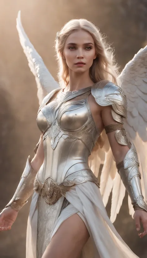 Generate a hyper-realistic image featuring a stunning blonde girl dressed in an alluring silver outfit. She is depicted standing atop a majestic mountain, embodying the presence of a mystical valkyrie or angel adorned in exquisite silver armor. This hyper-...