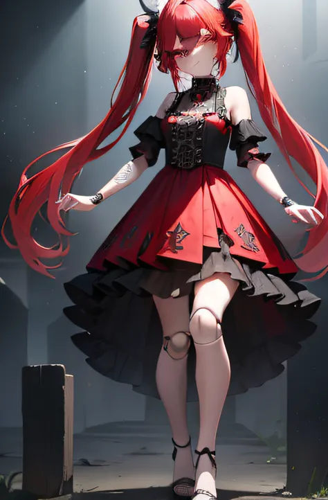 1girl, doll joints, Long red hair, styled in two slightly wavy pigtails, large expressionless gray eyes, round face, runes on the face, going down two rows for both eyes, gothic-looking red dress, rune tattoos on the face, pale skin tone, full body diagram...