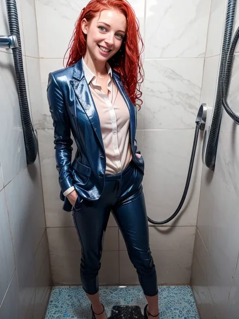 woman, curly red hair, blue eyes, gray pantsuit, white blouse, black heels, show heels, soaking wet in shower, inviting smile, ((wet hair)), SoakingWetClothes