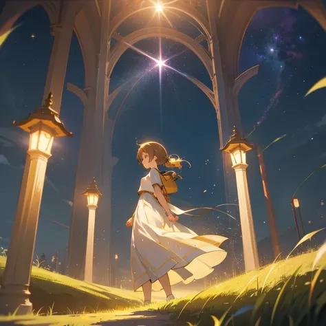 animesque　Fantastical　starrysky　Chestnut haired girl in a white dress　retro street lamp　grass field　sacred place　Particles of light