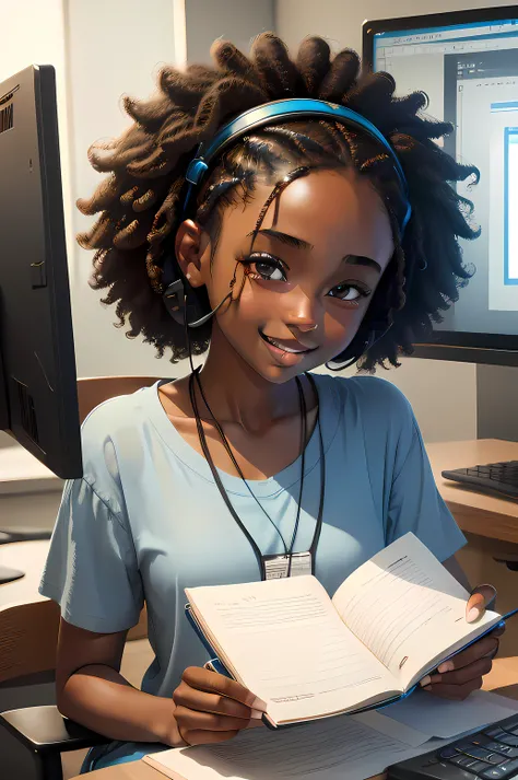 1 black dark skinned girl, braided afro hair, brown eyes, wearing light blue shirt, denim shorts, wearing headsets, light smile study room, writing in a notebook, high res, ultra-sharp, 8K, masterpiece, looking at two computer monitors, no eye glasses