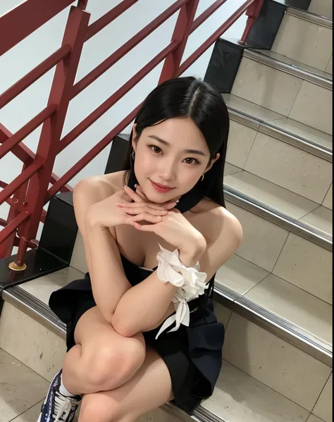 there is a woman sitting on the stairs with her legs crossed, dilraba dilmurat, Xintong Chen, Xision Wu, Ruan Jia Lindo!, tzuyu de duas vezes, Wenfei Ye, leve sorriso bonito, Sha Xi, Capturado na Canon EOS R 6, Gongbi, imagem vazada, gemma chen, Lulu Chen,...