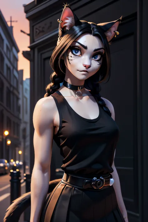 ((ultra quality)), ((tmasterpiece)), Girl-khajiit, goth, anthro cat, furry, ((black long hair tied in a braid)), ((there are piercings and rings in the ears)), ((there are only cat ears)), ((There is a cats long tail in the back)), Beautiful cute face, bea...