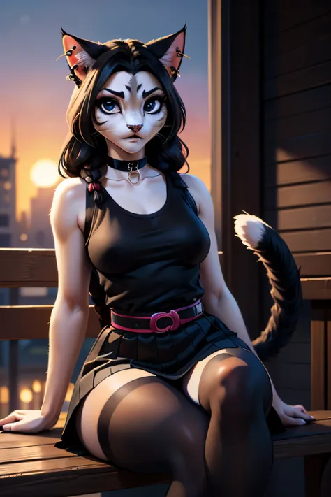 ((ultra quality)), ((tmasterpiece)), Girl-khajiit, goth, anthro cat, furry, ((black long hair tied in a braid)), ((there are piercings and rings in the ears)), ((there are only cat ears)), ((There is a cats long tail in the back)), Beautiful cute face, bea...