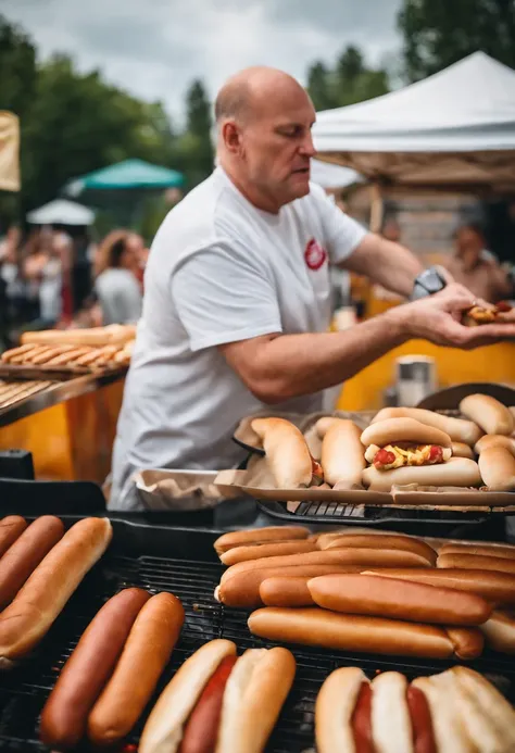 Hotdogfingers at a food truck festival, trying out different hot dog recipes,original,He’s a middle aged man who is balding but the star of the show is that his fingers are hot dogs