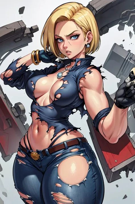 best quality, high definition, and18, 1girl, Android 18, solo, blonde hair, blue eyes, belt, jeans, pearl_necklace, bracelet, black gloves, cleavage, white shirt, short hair, short sleeves, earrings, blue pants, open vest, black vest, big breasts, wide hip...