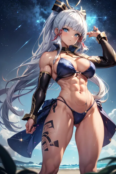 (1 girl), crystal clear eyes, blue eyes, and, Shadow, (((muscular thighs))), ((Round image)), 1 girl, (Kamisato Ayaka), big breasts, thin waist, (((white hair) )), (on the beach at night with a starry sky and a full moon in the sky), (muscular belly), (((v...