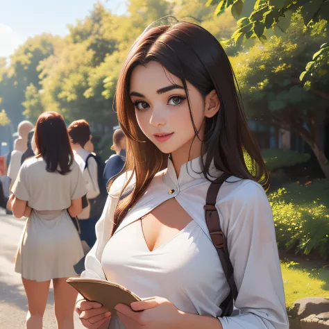 (Extremely detailed 8k wallpaper:2), (photo:2), (soigne Beautiful girl:2), (gives a lecture to friends:2), detailed (Face and eyes), (hyper realistic:1), (highly detailed:1), (epic realistic:1), rim light, (maximum details:1), cozy, (fullbody:1.3), (lookin...