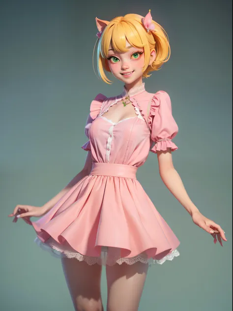 Master Parts, Best Quality, Render Jobs、。.。.。.。.3D Styles、。.。.。.。.3DMM、。.。.。.。.3D, 1girl in, Soio, yellow  hair, hitornfreckles, jewely, sideways Facing, Realistic, full length, Clear and simple background, yellow fringe, (Long Skirt Dress)、(((Nipples visi...