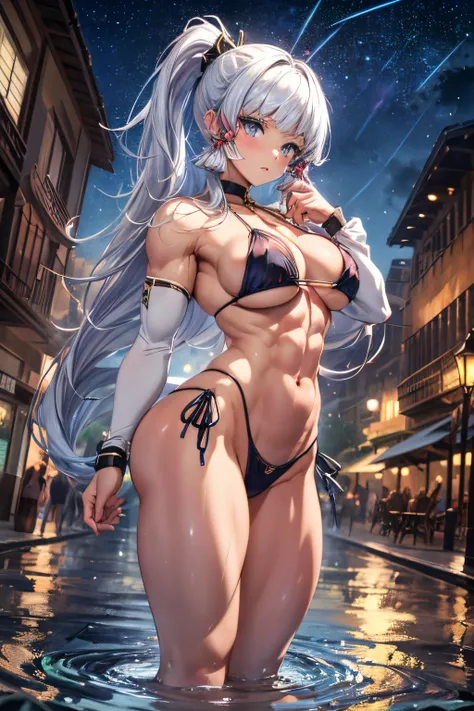 (1 girl), crystal clear eyes, blue eyes, and, Shadow, (((muscular thighs))), ((Round image)), 1 girl, (Kamisato Ayaka), big breasts, thin waist, (((white hair) )), (on the beach at night with a starry sky and a full moon in the sky), (muscular belly), (((v...