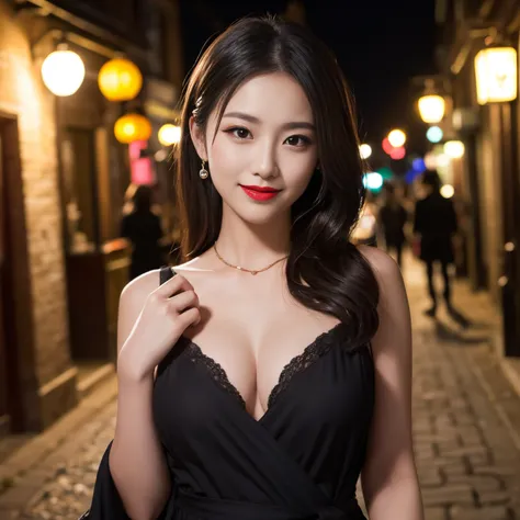 ((top-quality、masutepiece、8K、Top image quality、Very complex and detailed details))、one courtesan、The background is a garrison house、You Guo、Custom Street、Smile at the camera、Photo from the waist up、Recreate the perfect red light district details、1 photo、Ni...