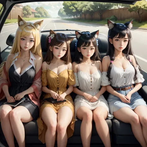 Three girls, harem, car back seat, animal ears