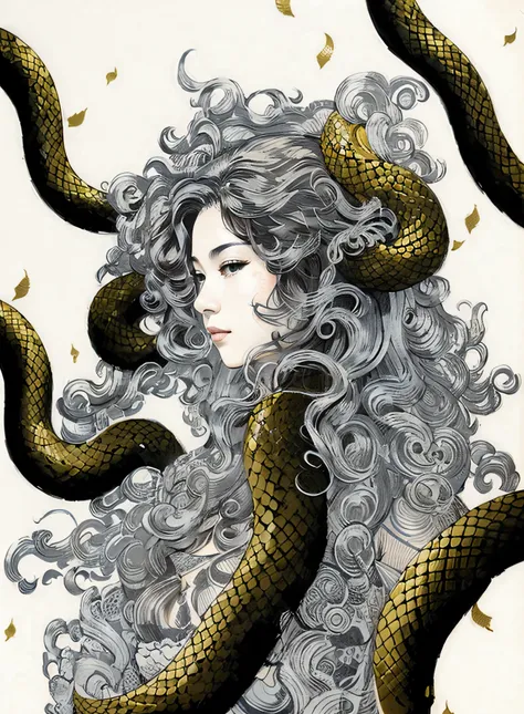 Ink design stencil traditional japanese ink and gold beautiful portrait of a colombian woman with curly hair and snakes by artgerm tran nguyen