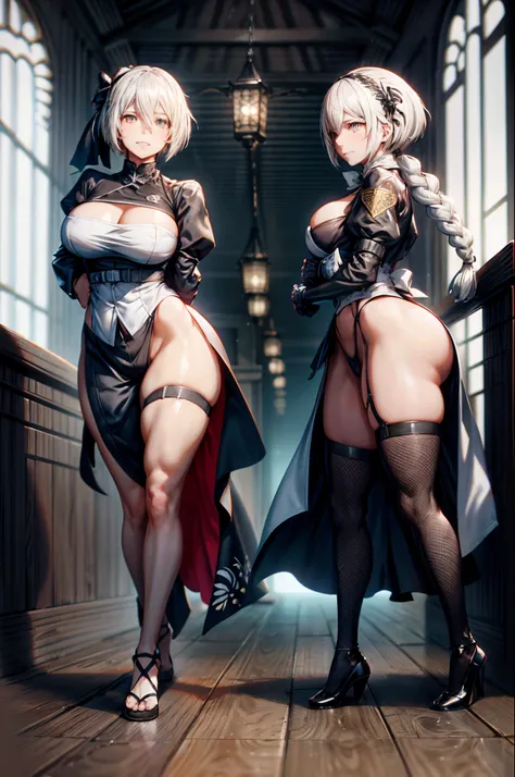 8K High Definition, 2b yorha, cabello blanco, Enormes pechos naturales, pose seductora, Shy and embarrassed smile, kimono negro, fists