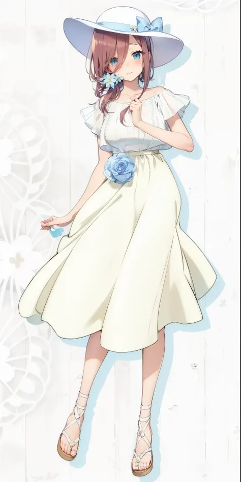 Miku Nakano, shy, blushing, cute, 4k, high quality, highly detailed, miku Nakano, flowing white slong skirt, white top with volant short sleeves, cute hat, flowers as a hairtie, sandals. Perfect face, highly detailed, perfect anatomy