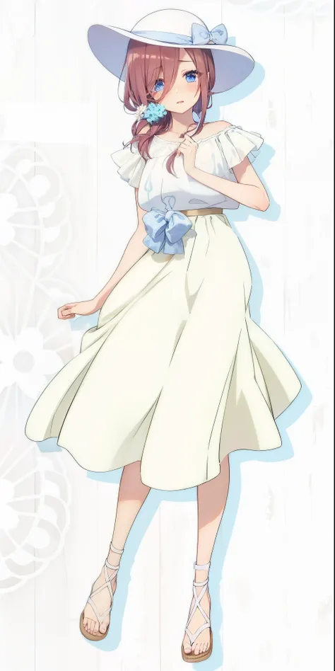 Miku Nakano, shy, blushing, cute, 4k, high quality, highly detailed, miku Nakano, flowing white slong skirt, white top with volant short sleeves, cute hat, flowers as a hairtie, sandals. Perfect face, highly detailed, perfect anatomy