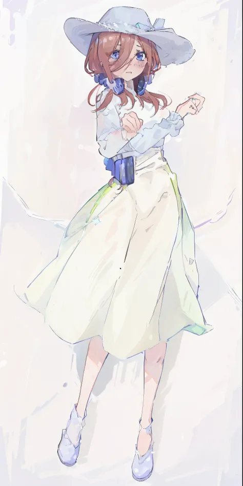 Miku Nakano, shy, blushing, cute, 4k, high quality, highly detailed, miku Nakano, flowing white slong skirt, white top with volant short sleeves, cute hat, flowers as a hairtie, sandals. Perfect face, highly detailed, perfect anatomy