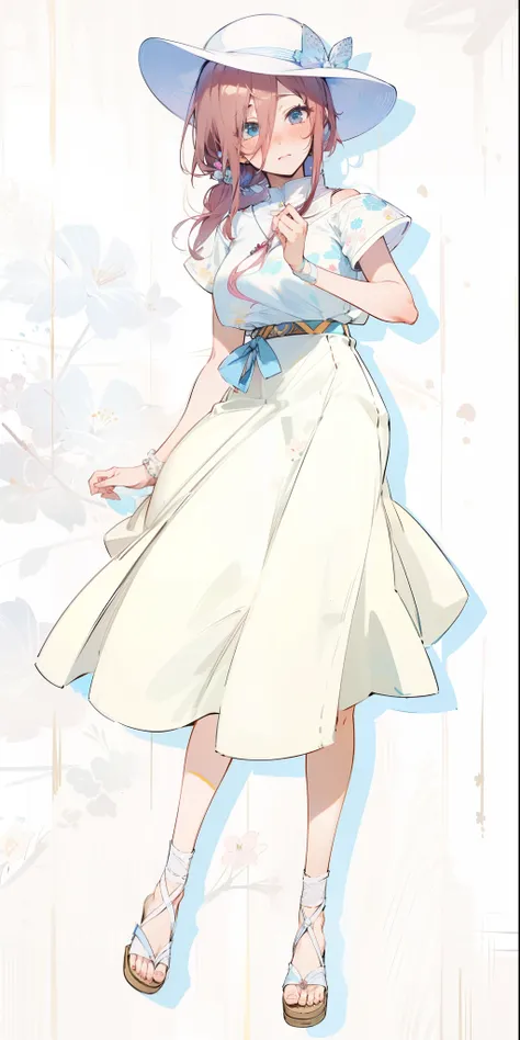 Miku Nakano, shy, blushing, cute, 4k, high quality, highly detailed, miku Nakano, flowing white slong skirt, white top with volant short sleeves, cute hat, flowers as a hairtie, sandals. Perfect face, highly detailed, perfect anatomy