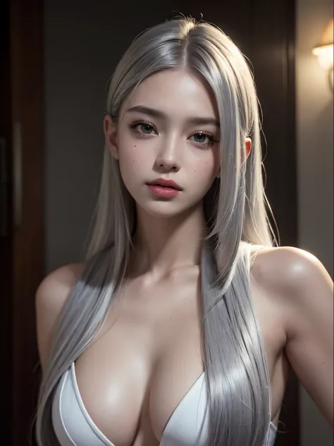 Best quality, masterpiece, ultra high res, (photorealistic:1.4), raw photo, 1girl, silver hair, shiny skin, dramatic lighting