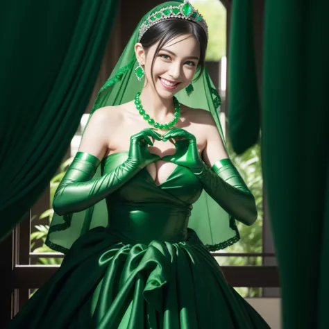 emerald tiara, Green Pearl Necklace, Boyish very short black hair, lipsticks, Japan woman smiling, very short short hair,  big breasts beautiful, Green eyes, Long green gloves made of satin material, Green eyes, Emerald Earrings, green vale, Heart with bot...