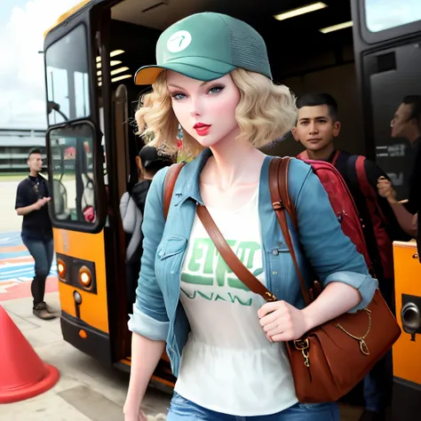 Taylor Swift arriving in Brazil getting off a bus