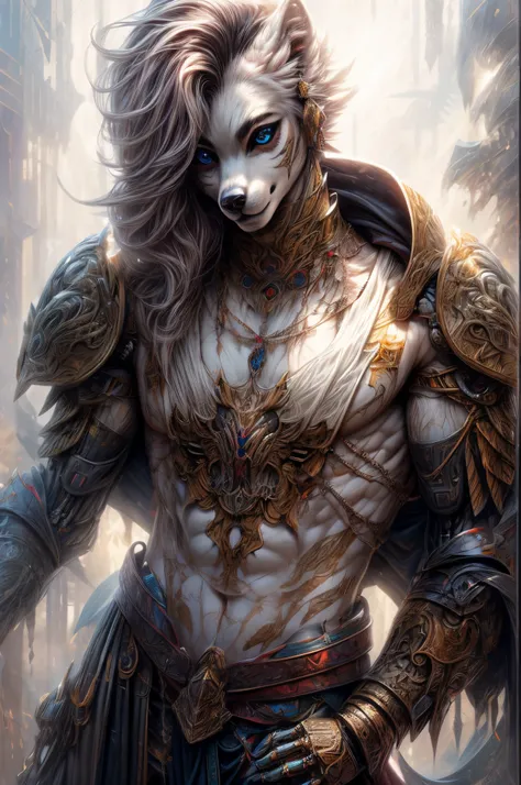 An epic and visually stunning digital artwork featuring a mid-30s feminine male dire wolf furry with an angular feminine facial structure and a flat masculine chest, fur a beautiful pure white. The character is adorned in a scifi tactical dark grey armored...