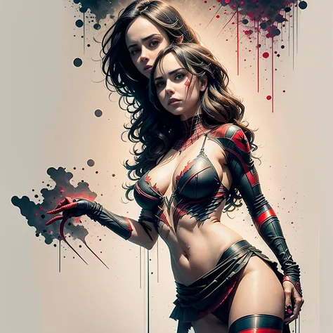 Eliza Dushku、Sticking out the navel、newyork、She wears a torn Spider-Man suit,wearing skirt、 Red and black color scheme,Dynamic、​masterpiece、top-quality、ultra-detailliert、ighly detailed、beautiful detailed brilliance、超A high resolution