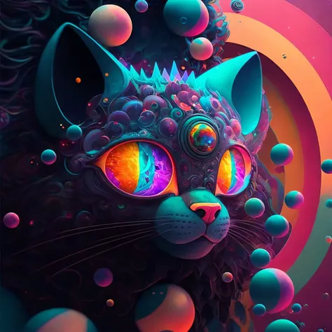 um gato com olhos brilhantes e um fundo colorido, Beeple e Jeremias Ketner, psychedelic art style, Beeple e Greg Rutkowski, Hybrid style beep blend, Jen Bartel, cores do bipe, Beeple e James Jean, Surreal psychedelic design, psychedelic illustration, arte ...