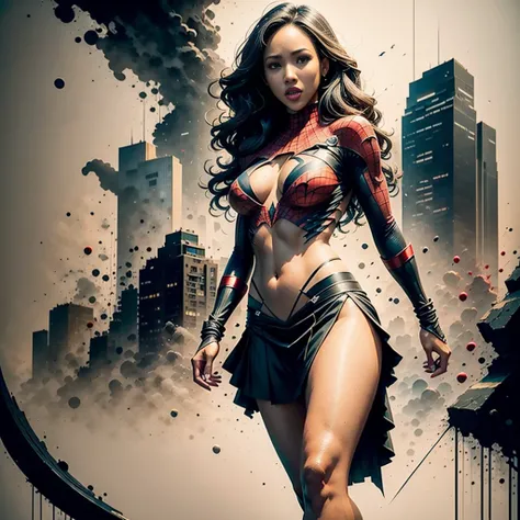 Candice Patton、Sticking out the navel、newyork、She wears a torn Spider-Man suit,wearing skirt、 Red and black color scheme,Dynamic、​masterpiece、top-quality、ultra-detailliert、ighly detailed、beautiful detailed brilliance、超A high resolution