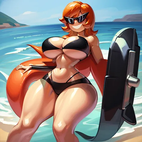 1girl, solo, sunnymiamitf, huge breasts, narrow waist, wide hips, Sunglasses, teeth, straight hair, short hair, orange hair, black strapless bikini, tube top, g-string, beach