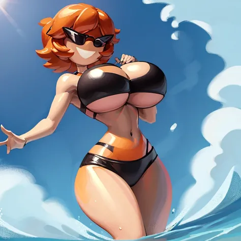 1girl, solo, sunnymiamitf, huge breasts, narrow waist, wide hips, Sunglasses, teeth, straight hair, short hair, orange hair, black strapless bikini, tube top, g-string, beach