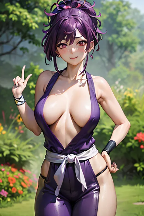 best quality, masterpiece, (leaning over:1.4), 
1girl, yuzuriha_(jigokuraku), purple hair, brown eyes, ninja, open clothes, cleavage, small breasts, topknot, medium hair, breasts apart, seductive smile, pants, undressing,  (blush:1.1),  japanese exterior, ...