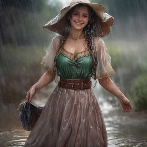 (masterpiece, best quality:1.2), cowboy shot, solo, 1girl, 27 yo peasant woman, smile, looking at viewer, peasant dress, capelet, belt, wet clothes, soaked, dripping wet, wet hair, wet skin, translucent, glistening with oil, fully clothed