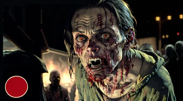 a close up of a fake zombie with blood on its face, zombie in horror concept art, horror movie still, film still from horror movie, film still from a horror movie, still from horror movie, horror film still, zombies apocalipsis, evil dead face, zombie with...