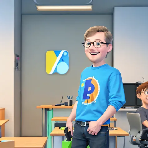 A junior Pixar-style mobile programmer intern. It makes a 20-year-old boy completely nerdy. He likes anime and cartoons.
In the background there is an Apple-like programmers office