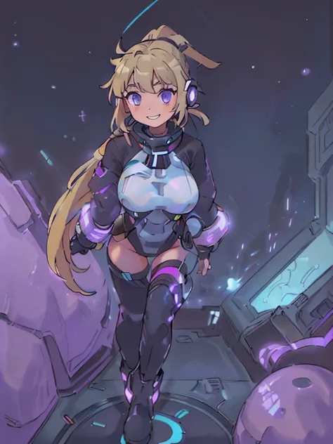 ​masterpiece:1.4, 1girl in ((20yr old, Dressed in a tight futuristic bodysuit in black and silver, long boots, huge-breasted, Multicolored blonde hair, twin ponytail, Perfect model body, Purple eyes:1.4, Wearing headphones, Flirting, Happy, Big smile, Look...