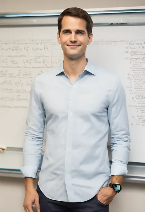 An image of Spiegel, man, wearing a smartwatch and standing in front of a whiteboard filled with mathematical equations (man:1.3),original,Evan Spiegel, white male, short brown hair, cleft chin