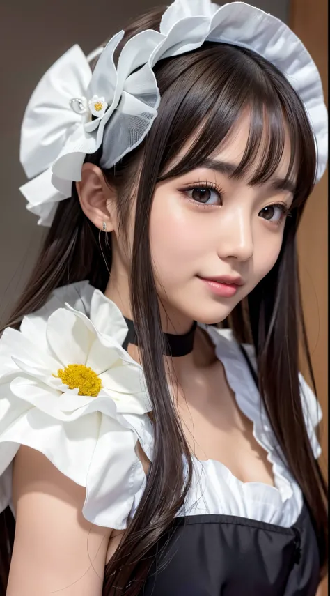 ​masterpiece、1 girl per 1 photo、upperbody shot、Straight front view、a Japanese young pretty woman、Wearing a cute maid costume in short sleeve satin silky black、With a big smile、White ruffled headband、Apron with white ruffles、a black choker、Glamorous figure、...