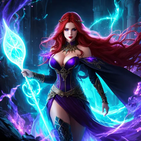 Powerful sorceress posing for a close up, enchantress in glowing dress (bare shoulders), hourglass figure, curvy, cleavage, long flowing red hair, lush red lips, wanting a kiss, facing viewer, looking at viewer, enticing viewer with magic, highly detailed ...