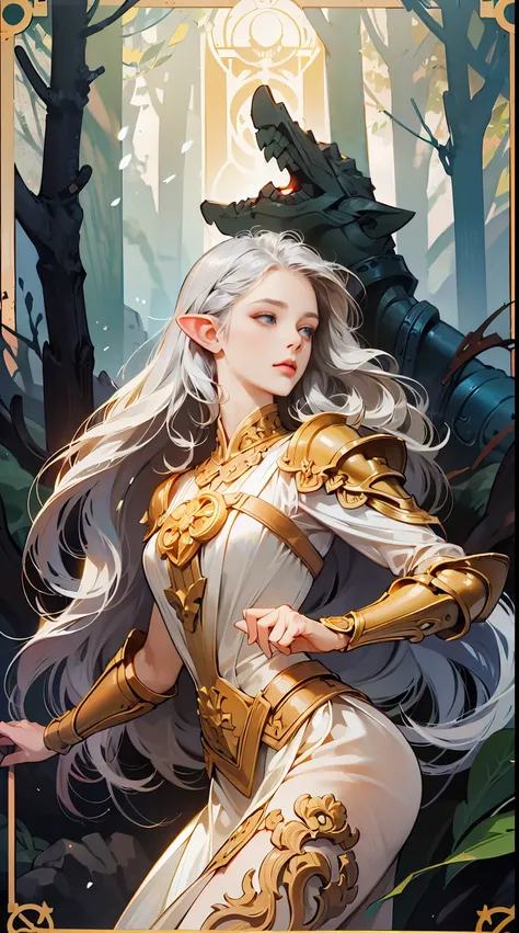 (best quality,highres),detailed face, deep blue eyes, graceful and serene expression, medium flowing hair, delicate elven features, dressed in armor made of shimmering silver metal, holding a gleaming sword adorned with intricate engravings, standing tall ...