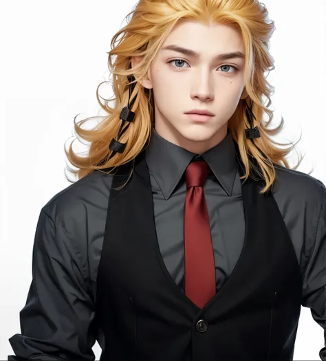 A teenage boy with realistic long yellow hair, the same realistic hairstyle, realistic handsome face, Realistic cool expressions, adapt realistic clothes, realistic light, realistic shadows, realistic background