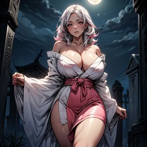 Masterpiece, 1girl,solo,huge breasts, ghost costume , (hitodama) ,night, tombstone, graveyard, long sleeves, very long sleeves, , ghost, pale skin,, off shoulder, cleavage, no bra, (((extremely long white hair))), standing by tombstone, bare legs, shredded...